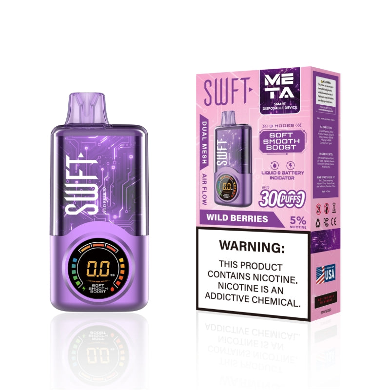 SWFT META 30000 PUFFS ADJUSTABLE WATTAGE DISPOSABLE VAPE DEVICE DUAL MESH COIL LIQUID AND BATTERY INDICATOR WILD BERRIES