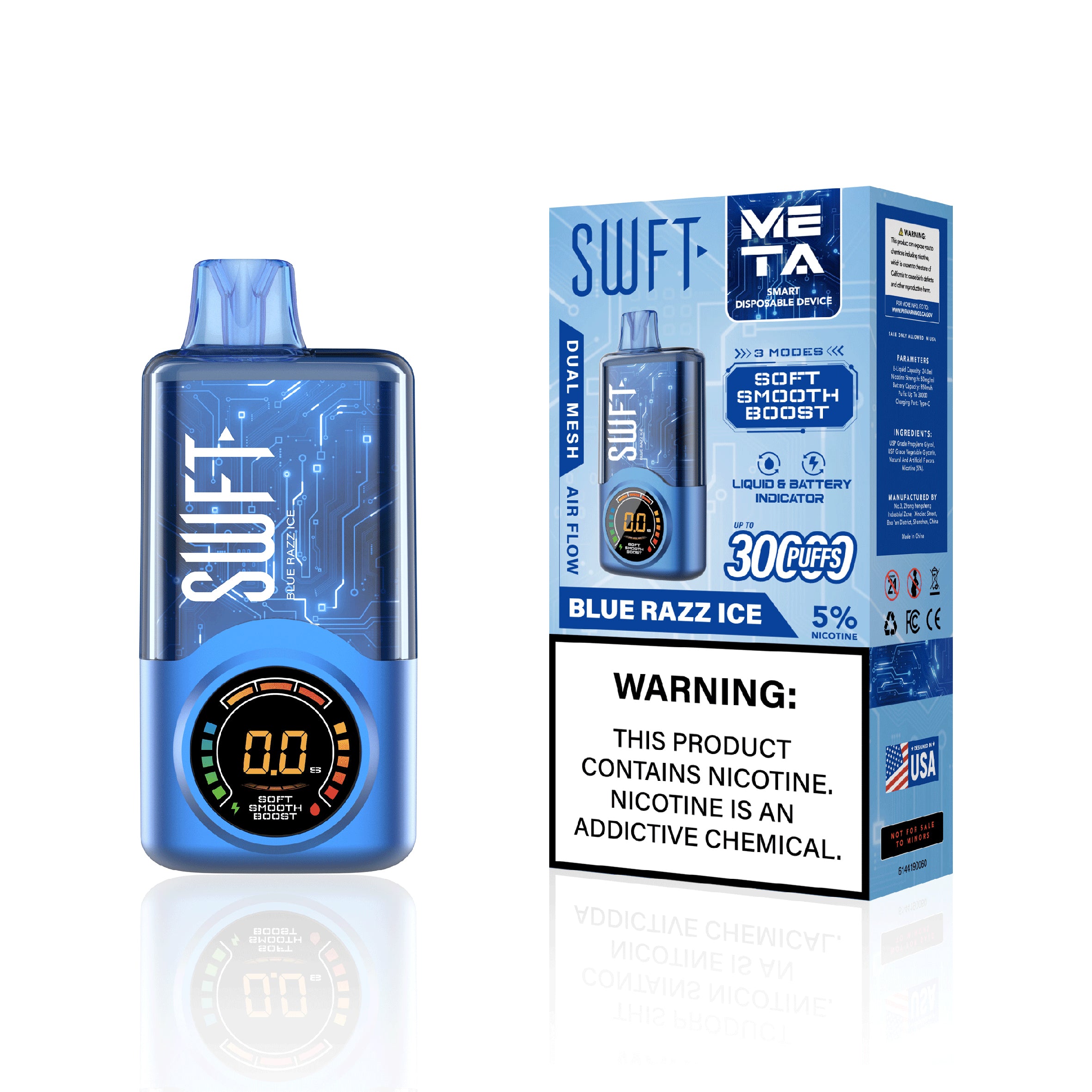 SWFT META 30000 PUFFS ADJUSTABLE WATTAGE DISPOSABLE VAPE DEVICE DUAL MESH COIL LIQUID AND BATTERY INDICATOR BLUE RAZZ ICE