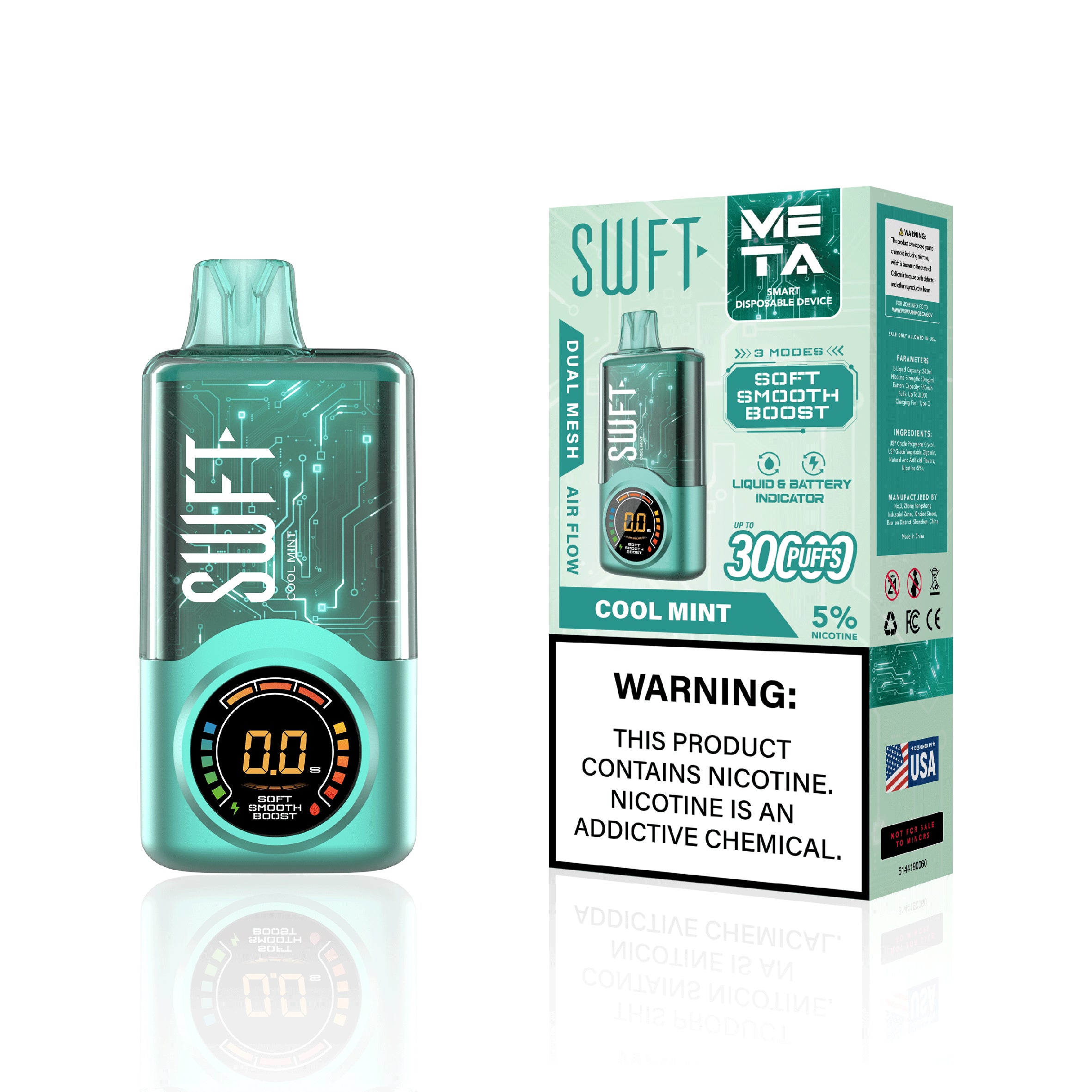 SWFT META 30000 PUFFS ADJUSTABLE WATTAGE DISPOSABLE VAPE DEVICE DUAL MESH COIL LIQUID AND BATTERY INDICATOR COOL MINT