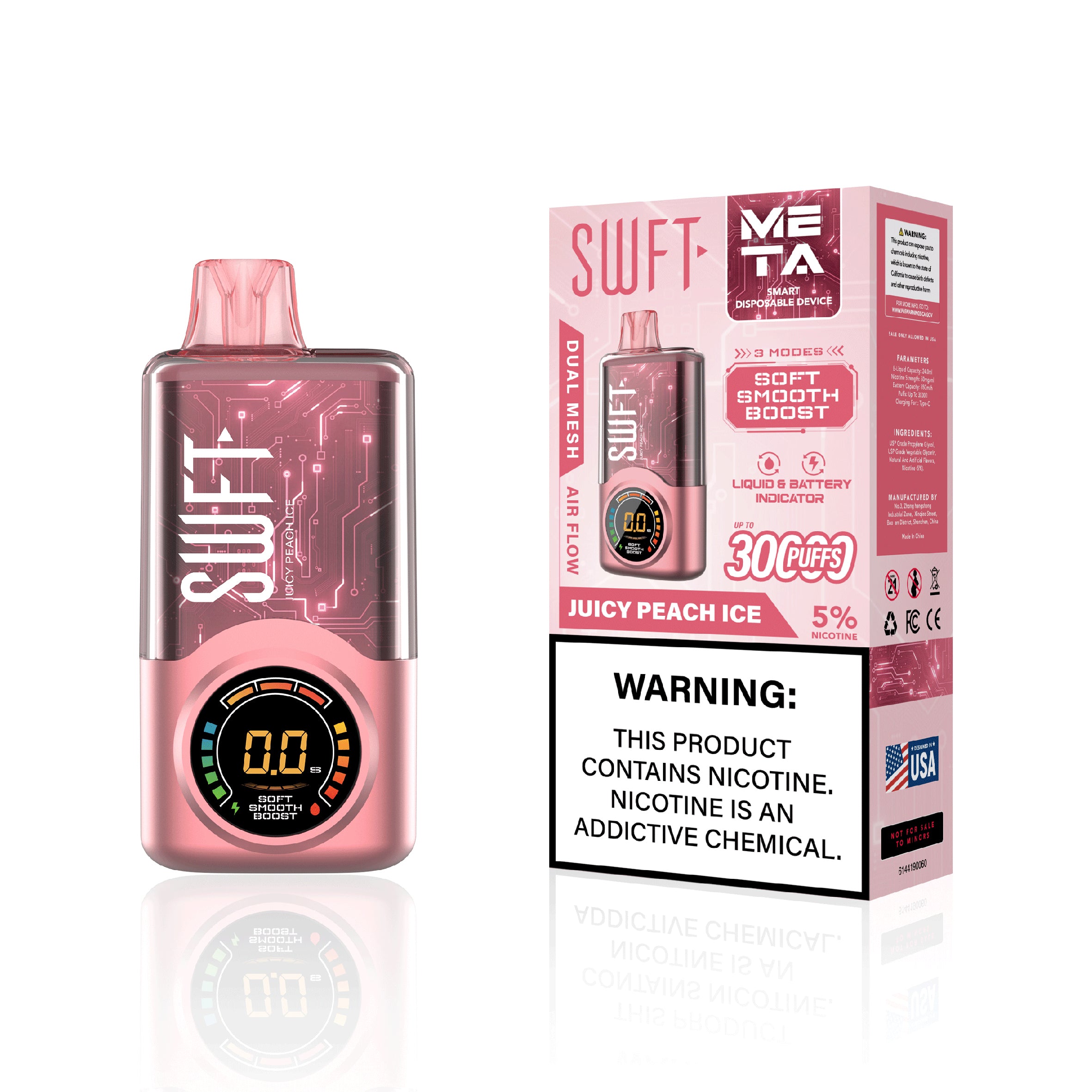SWFT META 30000 PUFFS ADJUSTABLE WATTAGE DISPOSABLE VAPE DEVICE DUAL MESH COIL LIQUID AND BATTERY INDICATOR JUICY PEACH ICE