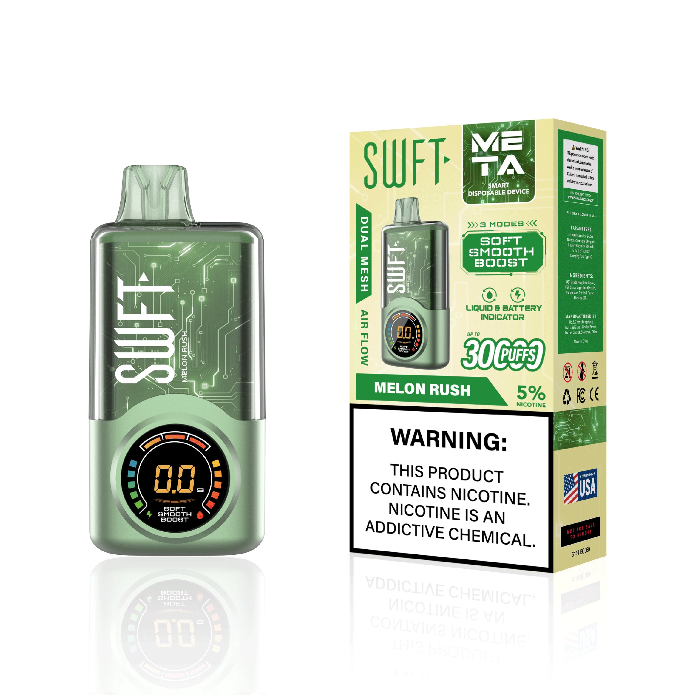 SWFT META 30000 PUFFS ADJUSTABLE WATTAGE DISPOSABLE VAPE DEVICE DUAL MESH COIL LIQUID AND BATTERY INDICATOR MELON RUSH