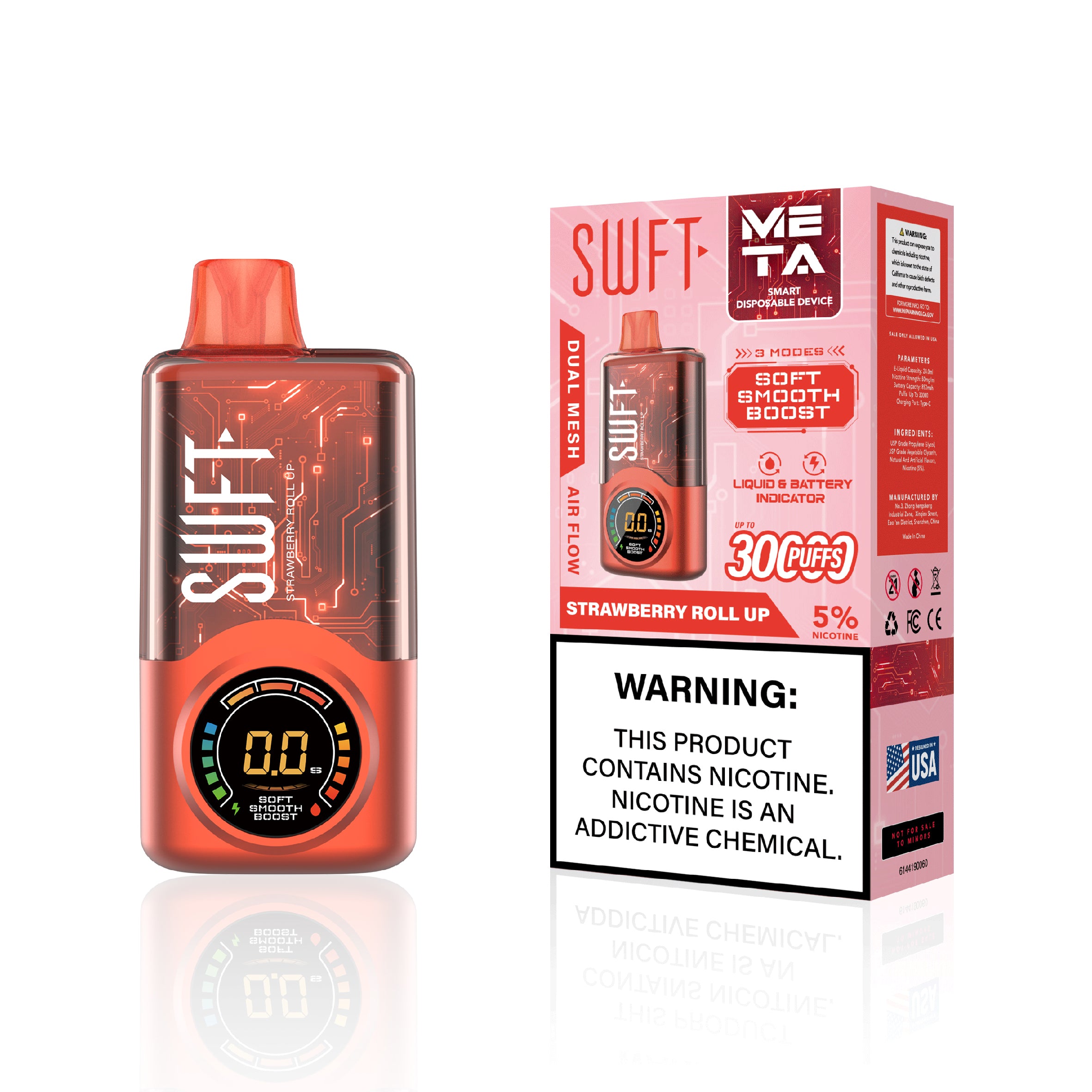 SWFT META 30000 PUFFS ADJUSTABLE WATTAGE DISPOSABLE VAPE DEVICE DUAL MESH COIL LIQUID AND BATTERY INDICATOR STRAWBERRY ROLL UP