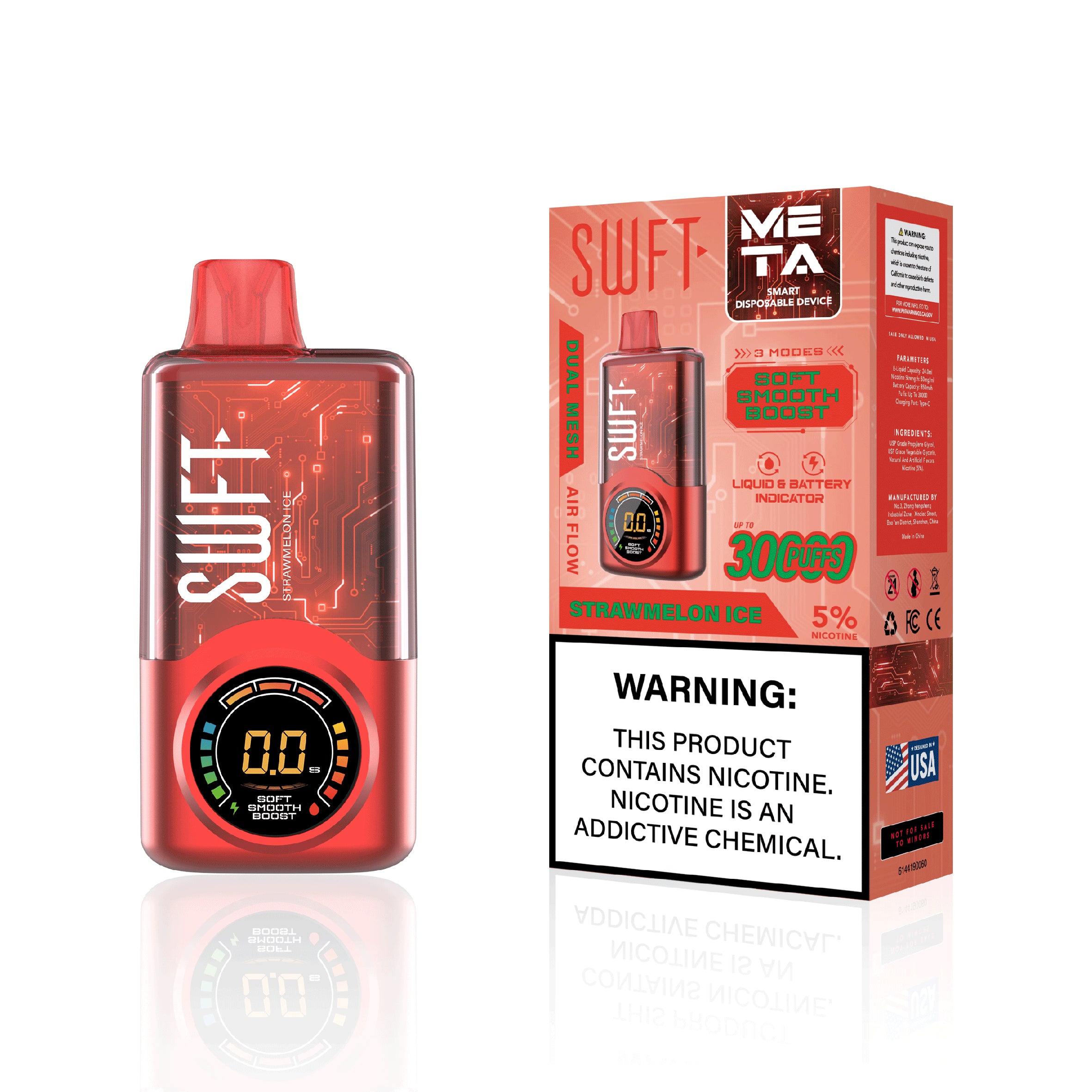 SWFT META 30000 PUFFS ADJUSTABLE WATTAGE DISPOSABLE VAPE DEVICE DUAL MESH COIL LIQUID AND BATTERY INDICATOR STRAWMELON ICE