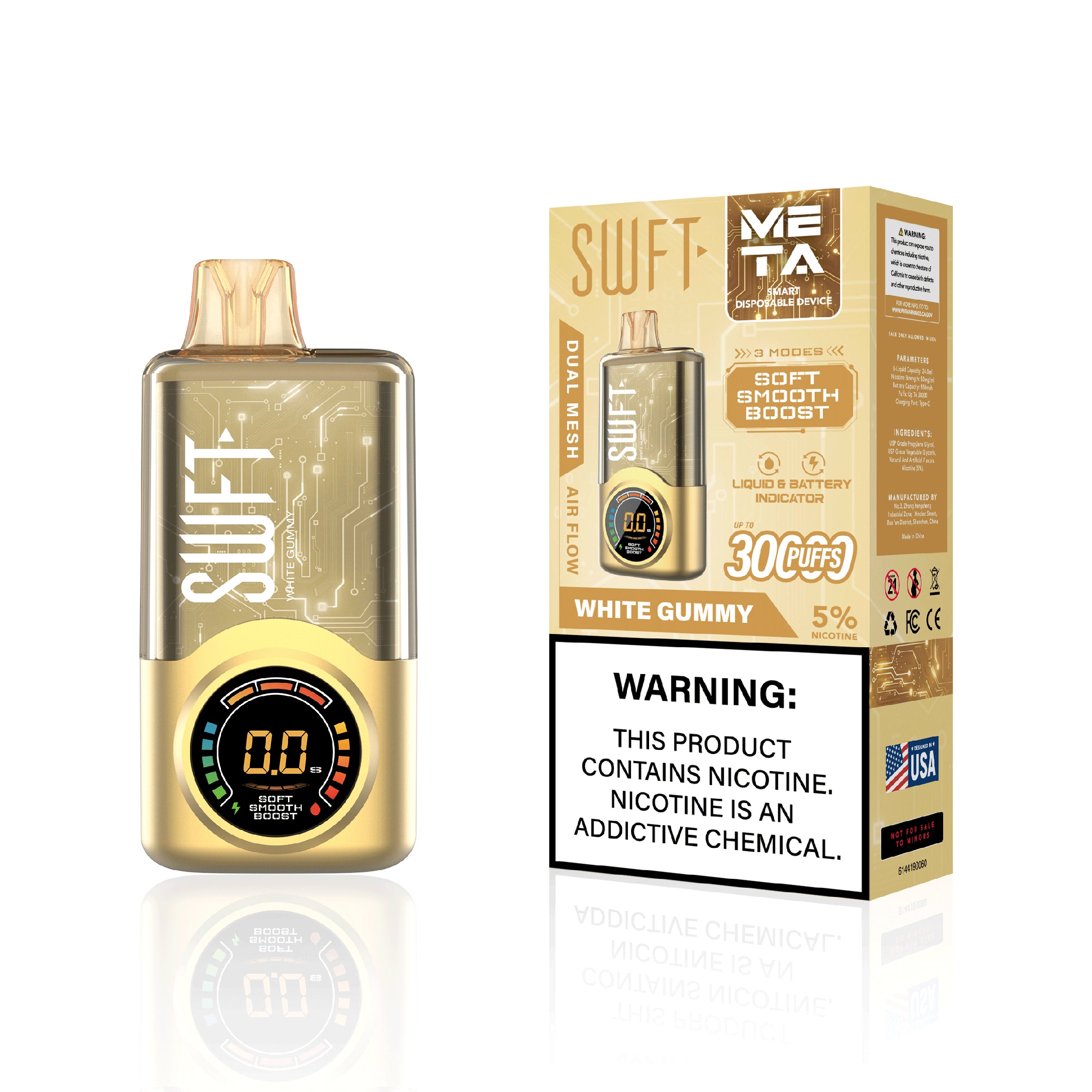 SWFT META 30000 PUFFS ADJUSTABLE WATTAGE DISPOSABLE VAPE DEVICE DUAL MESH COIL LIQUID AND BATTERY INDICATOR WHITE GUMMY